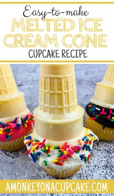 three ice cream cone cupcakes with sprinkles on top and the words easy - to - make melted ice cream cone cupcake recipe