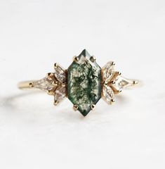 Hayley Hexagon Moss Agate Ring with Diamonds – Capucinne Moss Agate Wedding Ring, Agate Wedding Ring, Hexagon Engagement Ring, Moss Agate Stone, Agate Wedding, Agate Engagement Ring, Moss Agate Ring, Bespoke Engagement Ring, Jewelry Designers