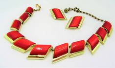 Red Necklace Set, Signed Designer Charel, Lucite Thermoset, Vintage Necklace Earrings by VintagObsessions on Etsy Red Necklace Set, Red Jewelry Set, Red Birthday, Birthday Gold, Red Necklace, Red Jewelry, Plastic Jewelry, Necklace And Earrings, Vintage Costume Jewelry