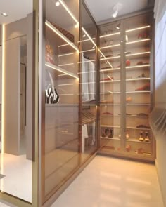 an empty walk - in closet is lit up with lights and shelves filled with shoes