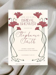 an elegant bridal shower card with red flowers on it