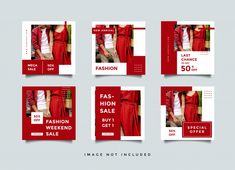 four red and white instagramtion banners with the same woman's clothing on them