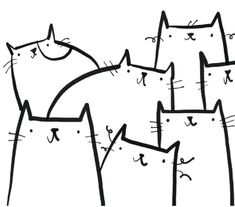 black and white drawing of four cats with their heads turned to look like they are hugging each other