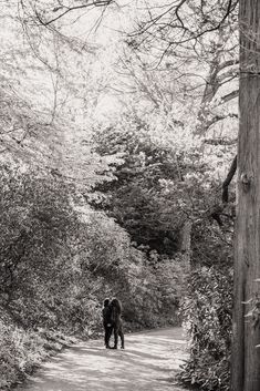 black and white photograph of two people walking down a dirt road in the woods with trees