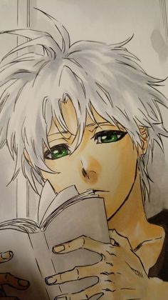 an anime character with green eyes reading a book