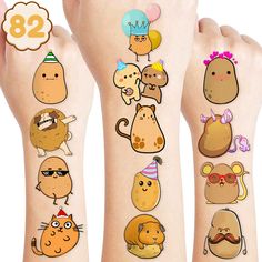 the temporary tattoos are designed to look like cartoon characters and their numbers on each arm