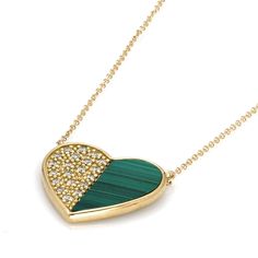 Elevate your style with this chic and trendy 0.14 Cts White Diamond and Malachite Necklace. The 14K yellow gold setting adds a touch of luxury, while the unique design makes it a fashionable statement piece. At 3.44 grams, it's lightweight and comfortable to wear all day. Perfect for any fashion-forward individual. Luxury Green 14k Gold Necklaces, Luxury Green 14k Gold Necklace, Green 14k Gold Heart Pendant Necklace, Elegant Yellow Gold Malachite Necklace, Elegant Green Heart Pendant Jewelry, Green 14k Gold Necklace With Polished Finish, 14k Gold Green Necklace With Polished Finish, January Birthstone Jewelry, Malachite Necklace