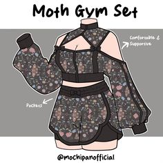 a drawing of a woman's top and shorts with the words moth gym set on it