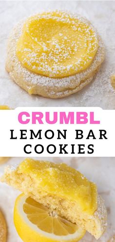 lemon bar cookies with powdered sugar on top and crumbl lemon bars in the middle