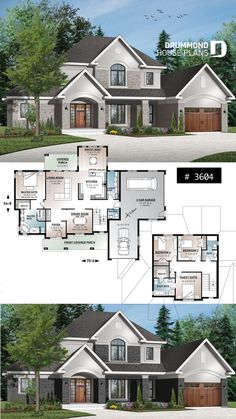 two story house plans with three car garages on each floor and one bedroom in the middle