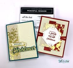 two christmas cards, one with a merry message and the other decorated with gold foil