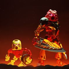 two legos standing next to each other in front of a red sky with stars