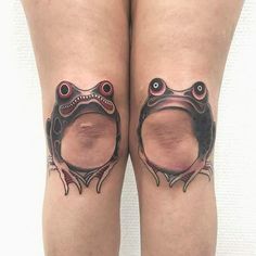 two tattoos on the legs of people with red eyes and a frog's head