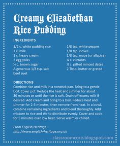 the ingredients for creamy elizabeth rice pudding are shown in blue and white, with text