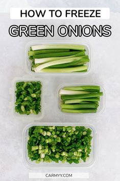 four plastic containers filled with green onions and celery on top of a white surface