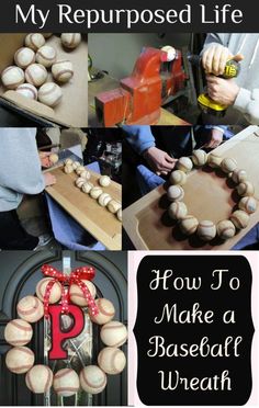 a collage of photos showing how to make a baseball wreath with the letter p