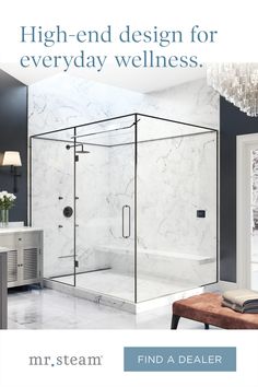 a bathroom with marble walls and flooring that says, high end design for everyday wellness