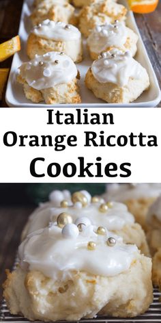 orange ricotta cookies with white icing and gold sprinkles on top