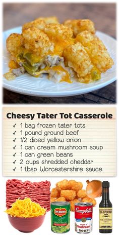 the ingredients for cheesy tater tot casserole on a plate