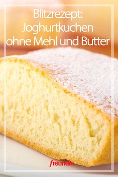 a close up of a piece of cake on a plate with the words, biltzept joghurtkuchen online mehl und butter