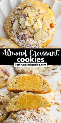 almond croissant cookies stacked on top of each other with the words almond croissant cookies above them