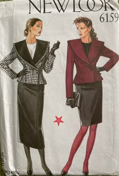 A great 1980's Suit pattern! Misses' Jacket and Skirt. Double-breasted, lined jacket with slightly extended shoulders has shoulder pads, oversized collar, long sleeves. Straight skirt, above knee or calf length, above waist, has side zipper. Longer skirt has two side back vents. Short skirt does not have back vent. Complete uncut pattern, sizes 8-18 included. New Look pattern #6159, from the 1980s. U.S. BUYERS PLEASE NOTE:  this item is shipping from CANADA, so delivery time may take a little lo 80s Fashion Women, 1980s Outfits, 80s Suit, 1980 Fashion, 1980’s Fashion, 80s Blazer, 80s Skirt, New Look Patterns, 80’s Fashion