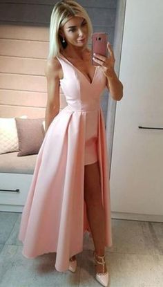 Pink Satin Prom Dress, Prom Dress Cheap, V Neck Prom Dress, Unique Formal Dresses, High Low Prom Dress, Long Formal Dresses, Prom Dresses Simple, V Neck Prom Dresses, Long Sleeve Prom