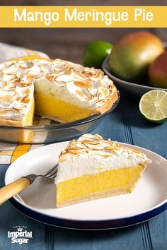 a slice of mango meringue pie on a plate