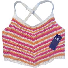 Crochet Crop Top With Crisscrossed Adjustable Straps And Asymmetrical Hemline. Multicolored Horizontal Stripes In White, Orange And Pink Colors. Fully Lined. Brand New With Tags. Pride Clothes, Pink Crochet Top, Hollister Tank Tops, Black Crop Top Tank, Black Cropped Tank, Lace Sleeveless Top, Cami Set, High Neck Tank Top, Pride Outfit