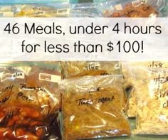 four bags of food sitting on top of a table with the words 40 meals under 4 hours for less than $ 100