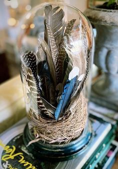 a glass jar filled with feathers sitting on top of a table