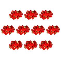 six red flowers are arranged in the shape of heart shapes on a white background with gold trimmings