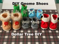 six pairs of baby shoes are lined up on a checkered tablecloth with the words dollar tree diy