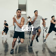 a group of men running in a gym with the words lem le gritt above them