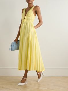 The pastel-yellow shade of Simkhai's 'Stephanie' dress is bound to bring joy. It's made from cotton-blend poplin with pleating to create a fitted bodice and fullness through the skirt. The front ties beautifully define the décolletage. Pastel Yellow Dress, Pastel Outfit, Yellow Midi Dress, Poplin Dress, Matthew Williamson, Designer Accessories, Midi Shirt Dress, Embellished Dress, White Maxi Dresses