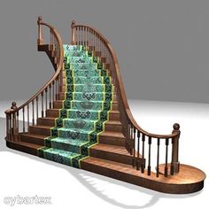 a set of stairs with green carpet and wooden handrails on either side, against a gray background