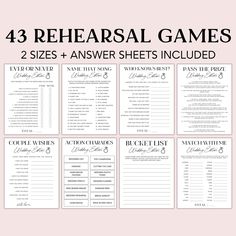 four printable game sheets with the words,'43 referals games 2 sizes and answer sheet included