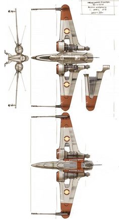 three different views of a star wars fighter jet