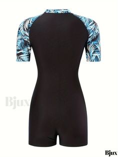 Bjux - Womens Short Sleeve Color Block Zipper One-Piece Swimsuit with Blue Leaf Print: High Stretch Sun Protective Rash Guard for Surfing and Water Sports - Versatile Swimwear & Clothing Summer Swimwear For Water Sports With Short Sleeves, Summer Short Sleeve Swimwear For Water Sports, Summer Water Sports Swimwear With Short Sleeves, Blue Fitted Swimwear For Outdoor, Fitted Blue Swimwear For Outdoor, Blue Rash Guard For Surfing Beachwear, Blue Rash Guard For Beach Season Sports, Blue Beachwear Rash Guard For Surfing, Blue Rash Guard For Sports And Beach Season