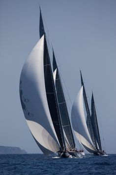 two sailboats with white sails are in the ocean on a clear, blue day