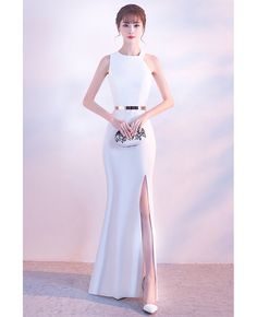 Get 10% off now! Buy fitted halter long mermaid formal dress with split at cheap price online. Free stable shipping and pro custom service since 2009. Backless Mermaid Dress For Formal Occasions, Sleeveless Evening Dress With Split Design For Prom, Elegant Backless Maxi Dress With Split Design, Elegant White Maxi Dress With Mermaid Hem, Formal White Mermaid Dress, Elegant White Mermaid Dress For Formal Occasions, White Mermaid Hem Evening Dress For Formal Events, White Mermaid Hem Evening Dress For Formal Occasions, Formal White Evening Dress With Mermaid Hem