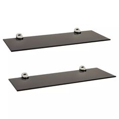 two black shelfs with chrome handles on each side