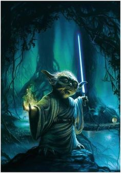 an image of yoda in the dark forest holding a light saber and looking at something