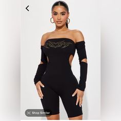 Nwt Never Worn Fashion Nova Romper Glamorous Fitted Black Bodysuit, Glamorous Black Stretch Bodysuit, Trendy Black Bodysuit For Night Out, Trendy Black Jumpsuits And Rompers For Night Out, Trendy Black Jumpsuits For Night Out, Glamorous Black Summer Bodysuit, Fashion Nova Romper, Lace Up T Shirt, Fashion Nova Pants