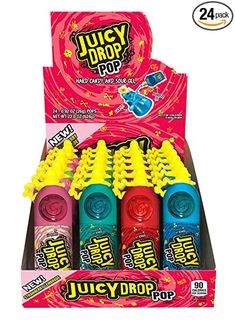 juicy drop pop is in the box with four different flavores on it's side