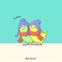 two birds are standing next to each other on a blue and green background with the words bird story written in korean