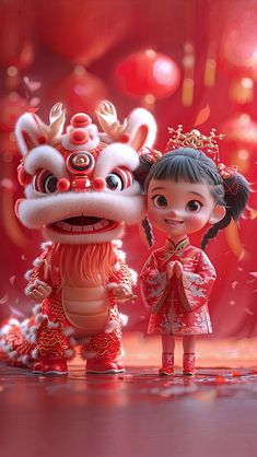 two dolls are standing next to each other in front of a red background with confetti