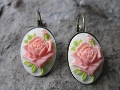 "Beautiful rose cameo french earrings. I have these in several colors or choose your own from one of my many rose cameos, so please do browse. Also please see the matching necklace for the complete look. Perfect gifts. Timeless classic look, both casual and formal. The cameo is set in a stunning and quite sturdy silver plated, rose gold plated, gold plated or bronze french earrings, and as always lead and nickel free. They each measure about 1\" Quite a beautiful year round look, both casual and Handmade Rose Flower Earrings For Wedding, Handmade Rose Earrings For Wedding, Victorian Pink Earrings For Wedding, Victorian Style Pink Earrings For Wedding, French Earrings, Memorial Flowers, Pale Orange, Peach Roses, Cameo Brooch