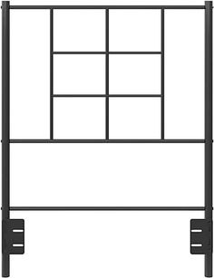 a black metal bed frame with four square bars on each side and two small squares at the top