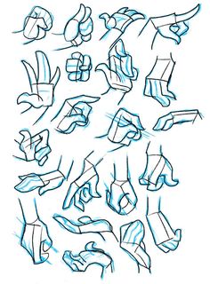 a drawing of hands and feet with different angles, sizes and shapes in blue ink